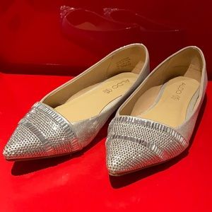 Aldo Slip On Rhinestone Pointed Toe Flats Silver